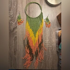 Beaded Fringe Necklace & Earrings - Green, Yellow, Orange